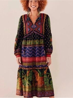 RARE Farm Rio Forest Tapestry Midi Dress Geometric Jungle Linen Blend M $265